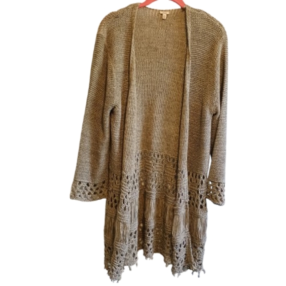 Reba Sweaters - Reba Boho Crochet Fringe Knit Duster Cardigan Medium Neutral‎ Tan Festival...